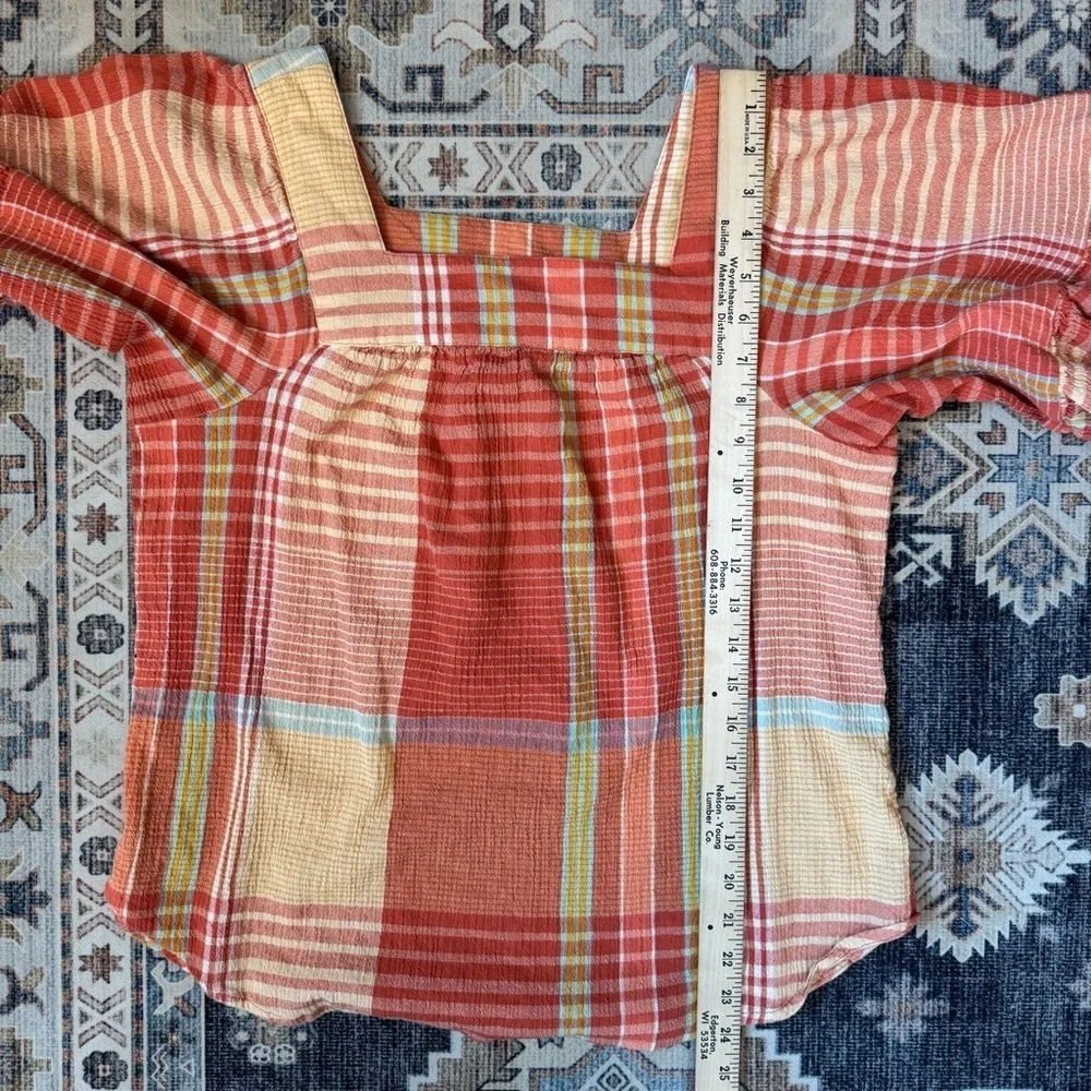 beachlunchlounge Naomi Orange Plaid Cotton Ruffle Blouse Women’s Size Large